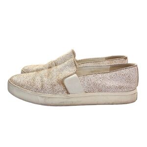 Vince Leather Blair Slip On Sneakers, Cracked Crackle White Metallic Copper Gold